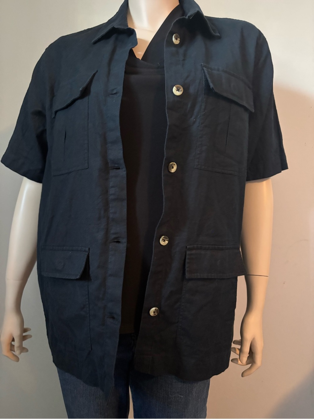 OAK + FORT Black Short-Sleeve linen/cotton, Utility Shirt with Waist Tie Sz M. - Picture 2 of 8